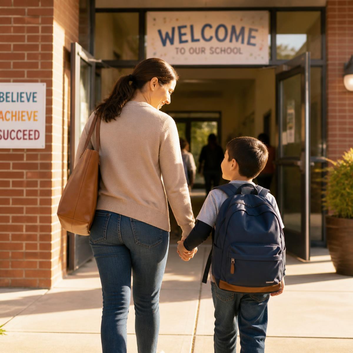 A parent walking their child into school on a sunny morning